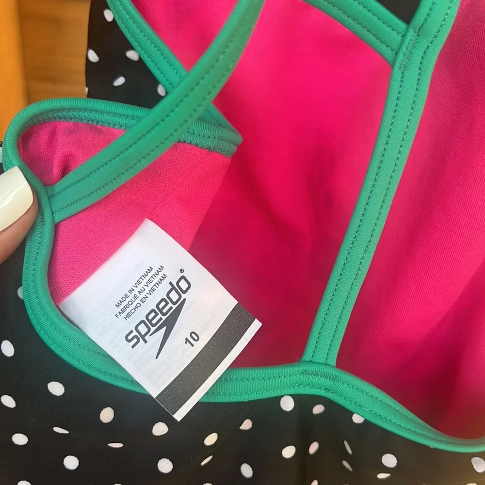 Girls Speedo Swimsuit Colorful Geometric One-Piece with Polka Dot Contrast Sz 12